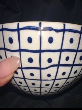 Blue and White Grid Dot Ceramic Cereal Bowls (Set of 4)
